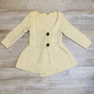 Free People Womens Beige Knit Long Sleeve Top Button Wool Sweater Size Small